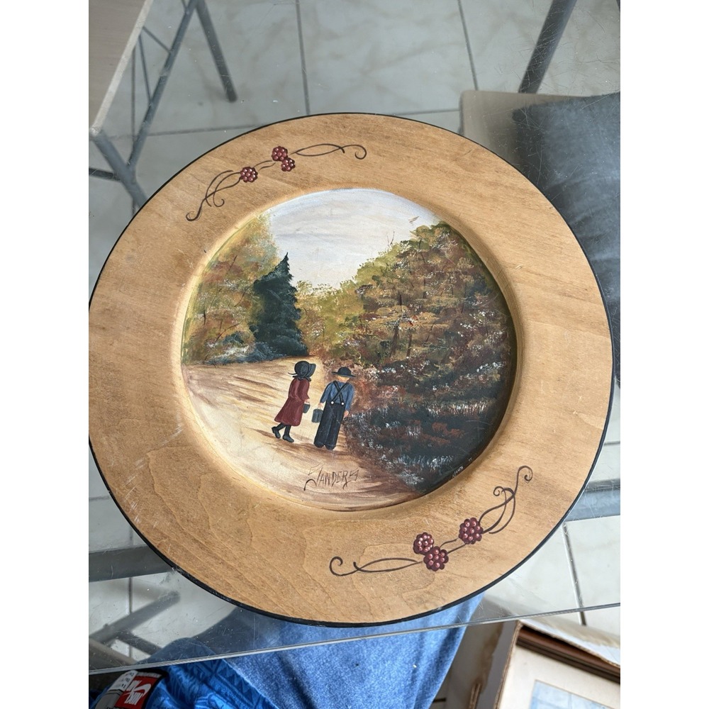 VTG Hand Painted Wooden Plate Amish Children Autumn Fall Scene Signed Sanders 94
